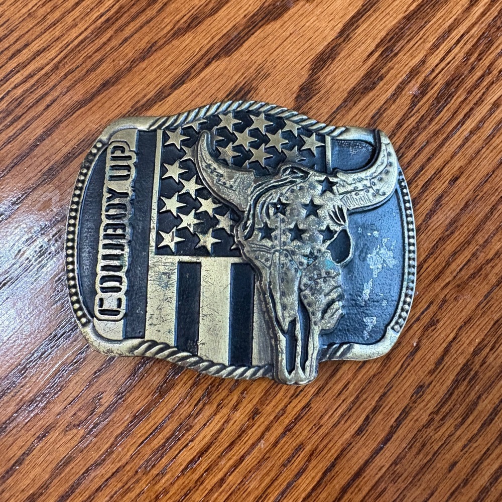 Montana Silversmith Belt Buckle Mens OS Cowboy Up Steer Skull Flag Western Brass